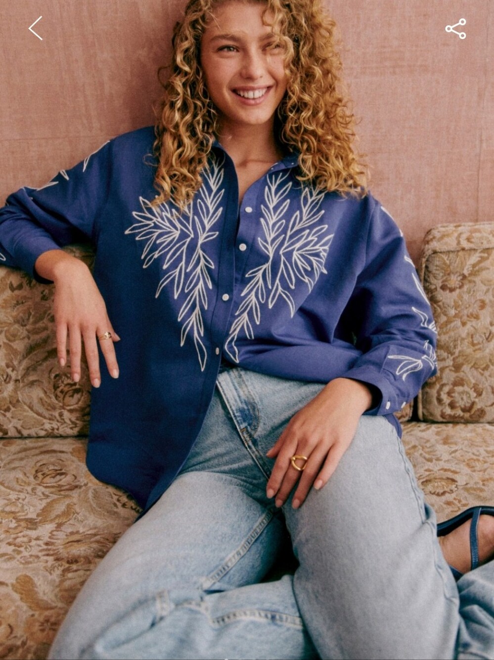 Sezane X Roberto Ruspoli- Maxy Blue Button-Down Shirt with White Leaf Embroidery - Picture 2 of 5